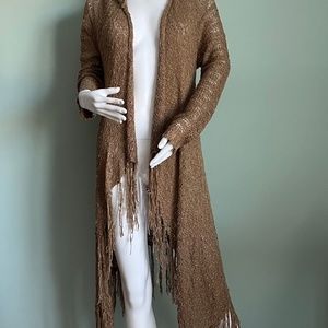Light Brown Long Sleeved Hooded Duster Cardigan with Fringe Frayed EUC